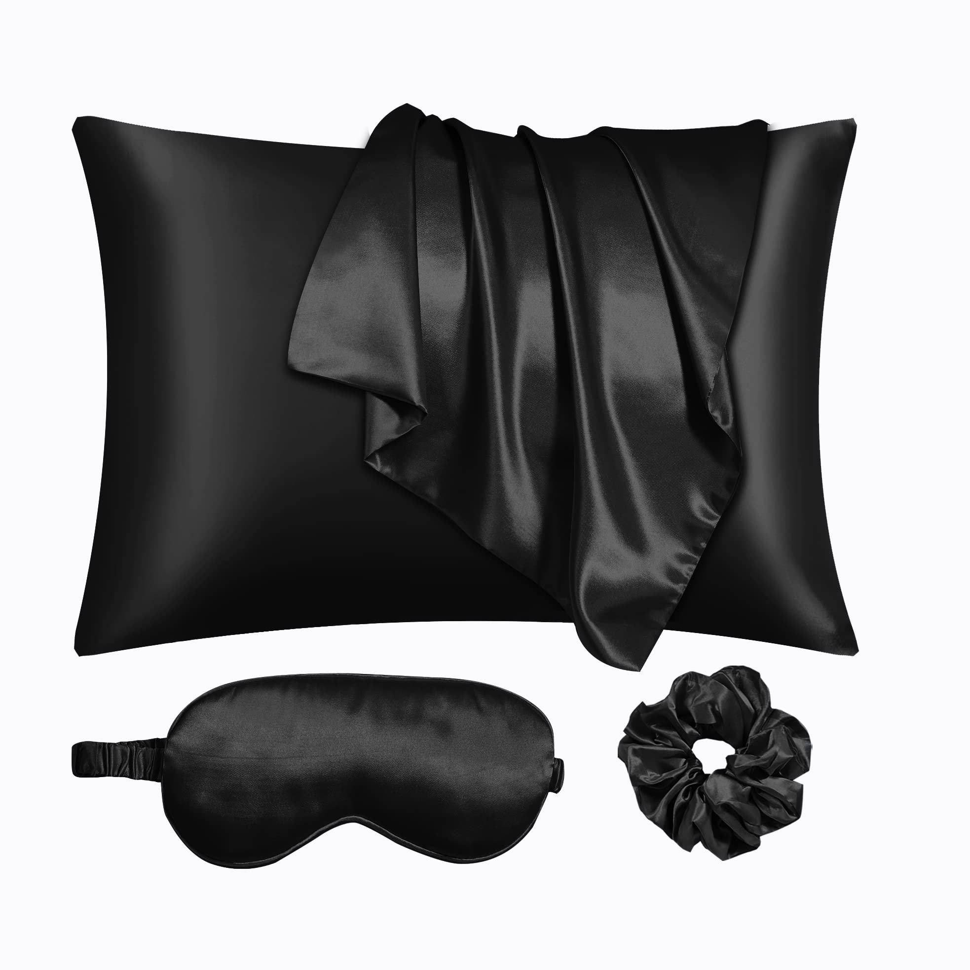 Urlinens Black Satin Pillowcase For Hair And Skin, Vegan Silk Pillowcase Set-2 Satin Pillowcases, 1 Eye Mask, 1 Scrunchie-Luxury