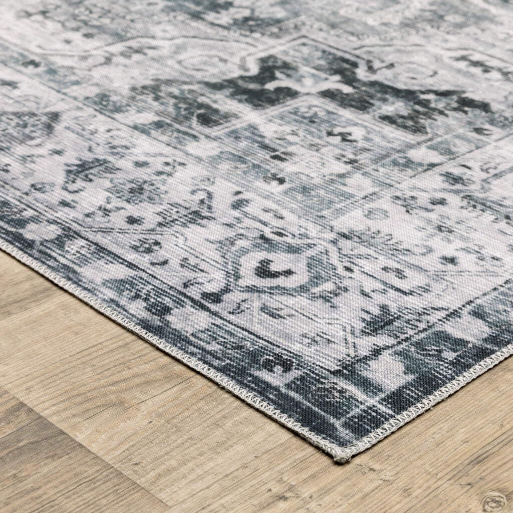 HomeRoots 510375 7 x 10 ft. Navy Blue Ivory & Gray Oriental Printed Stain Resistant Non Skid Rectangle Area Rug