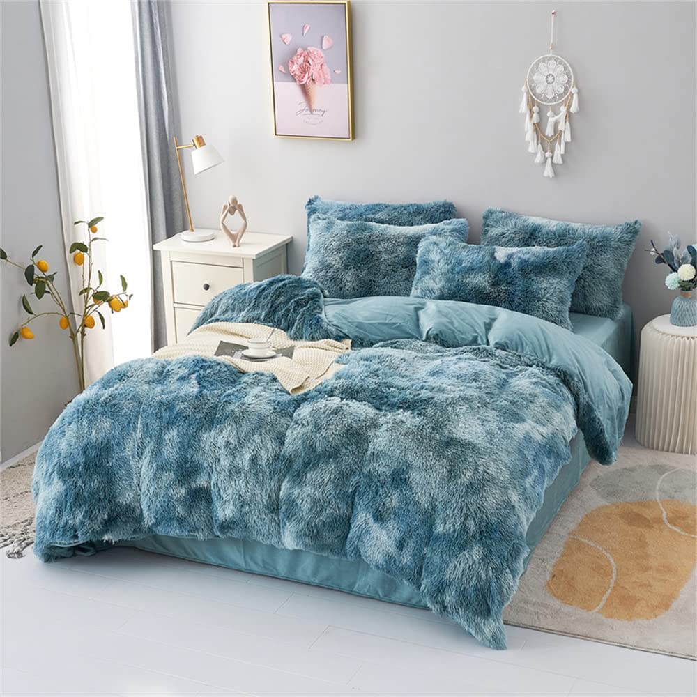 Chovy Faux Fur Plush Tie-Dyed Blue White Comforter Set Twin/Full Size - Ultra Soft Shaggy Flannel Velvet Fluffy Fuzzy 3Pc Beddin