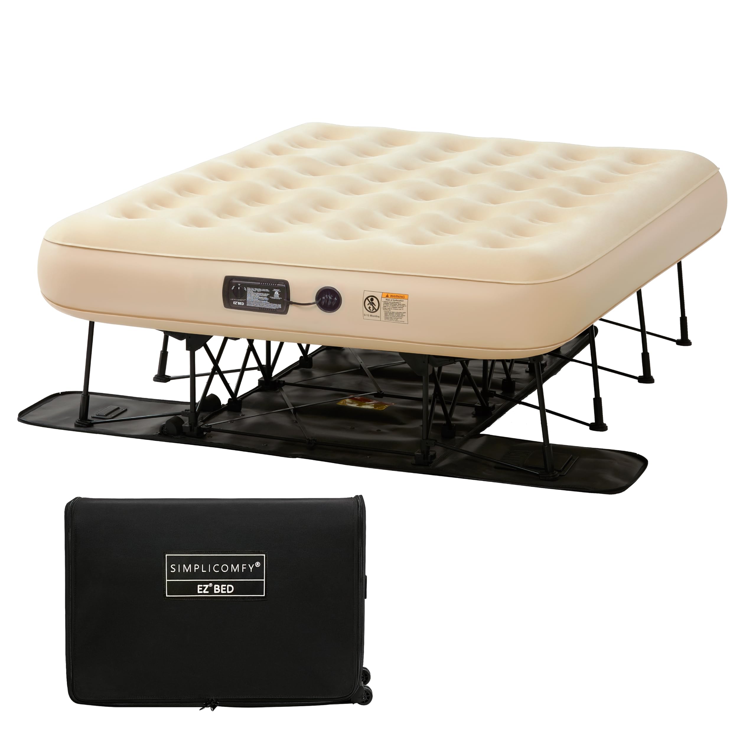 Simpli Comfy Queen EZ Bed Self-Inflating Air Mattress with Built-in Frame, Beige PVC/Steel