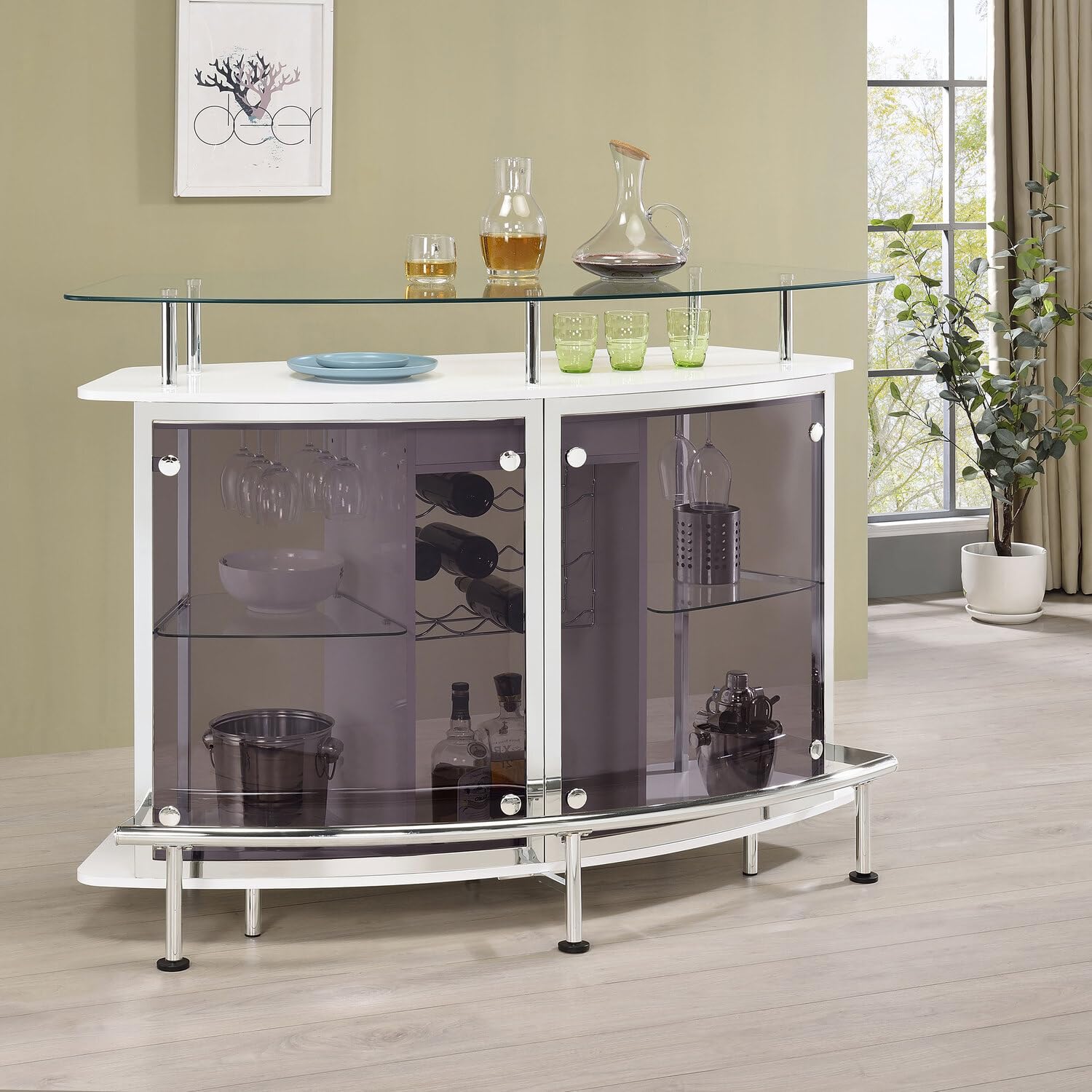 Coaster Modern Home Bar Table Wine Storage Cabinet, Tempered Glass Top & Shelves Smoked Acrylic Panels, White High Gloss & Chrome