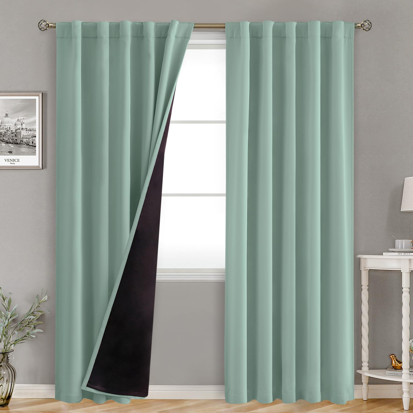 Bgment Blackout Curtains With Thermal Insulation Liner Curtains 84 Inches Long, Rod Pocket And Back Tab Double Layer Room Darkening Window Curtain For Bedroom(42 X 84 Inch, 2 Panels, Frosty Green)