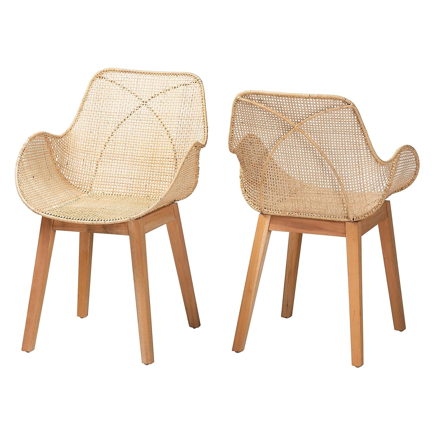 Baxton Studio Bali & pari Ballerina Japandi Natural Brown Finished Mahogany Wood and Rattan 2-Piece Dining Chair Set