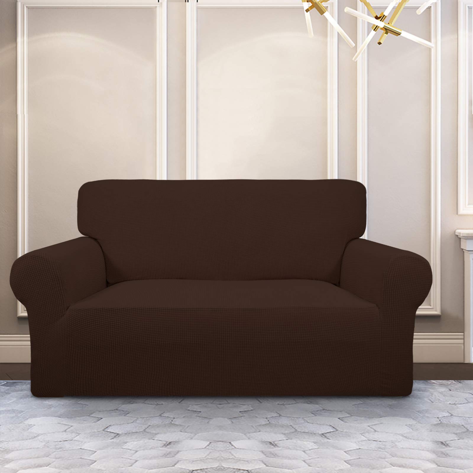 Purefit Stretch Loveseat Sofa Slipcover – Spandex Jacquard Non Slip Soft Couch Sofa Cover, Washable Furniture Protector With Non Skid Foam And Elastic Bottom For Kids (Loveseat, Coffee)