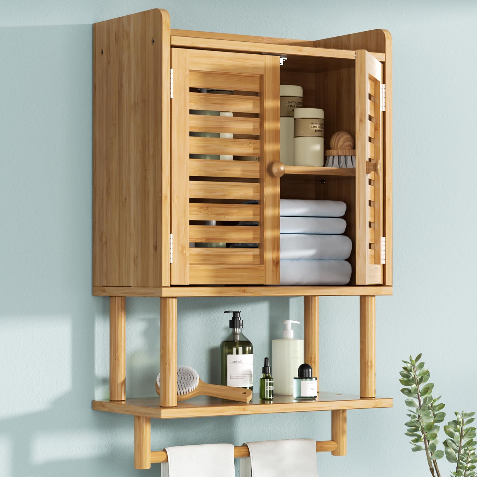 AmazerBath Bathroom Wall Cabinets, Bamboo Medicine Cabinets with Towel Bar, Wall Mounted Storage Cabinet with Adjustable Shelves