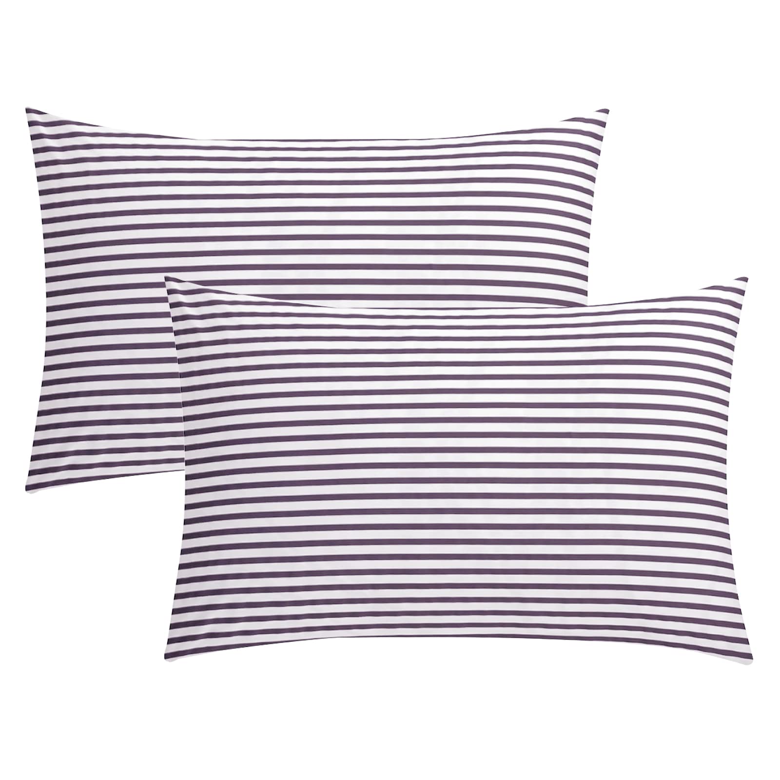 Jellymoni 100% Natural Cotton Striped King Pillowcases Set, 2 Pack White And Purple Stripes Pattern Printed Pillow Covers With E