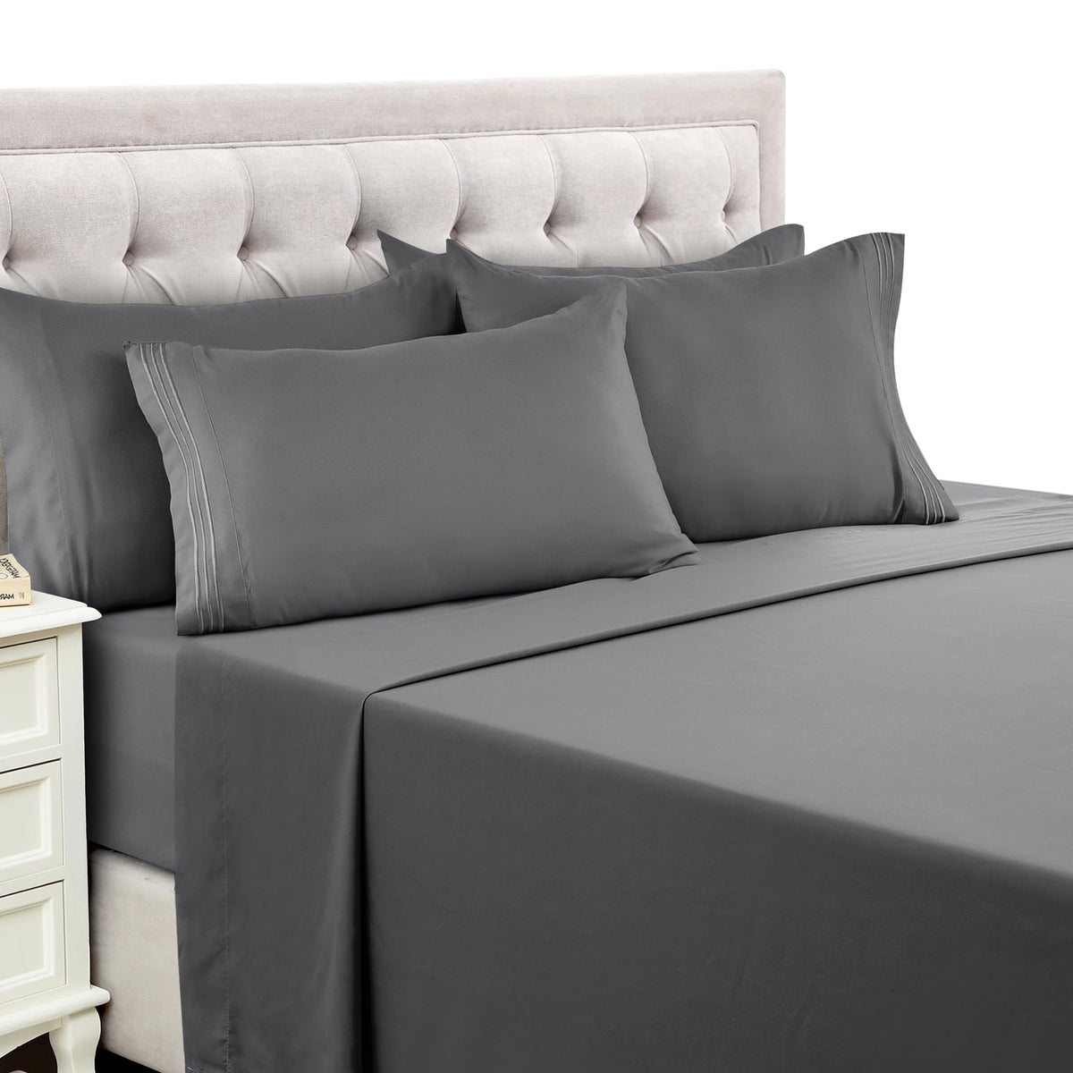 Lux Decor Queen Sheet Set - 6 Pc Brushed Microfiber Bed Sheets 16 Inches Deep Pockets - Embroidered & Plain Pillowcases - Hotel
