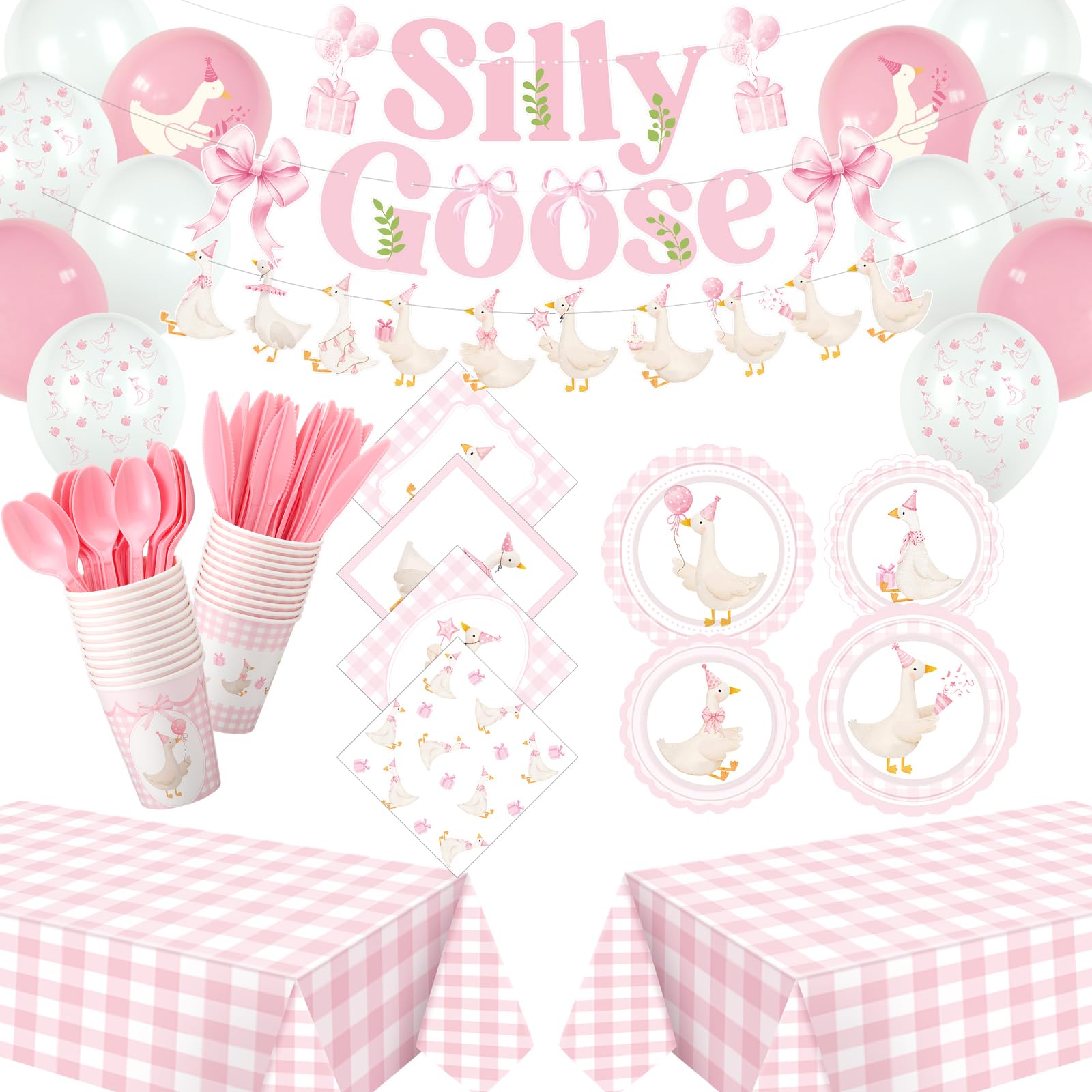 VioraWhite 183pcs One Silly Goose Birthday Party Tableware Set Silly Goose Party Supplies for 24 Guests Tableware Includes Plate