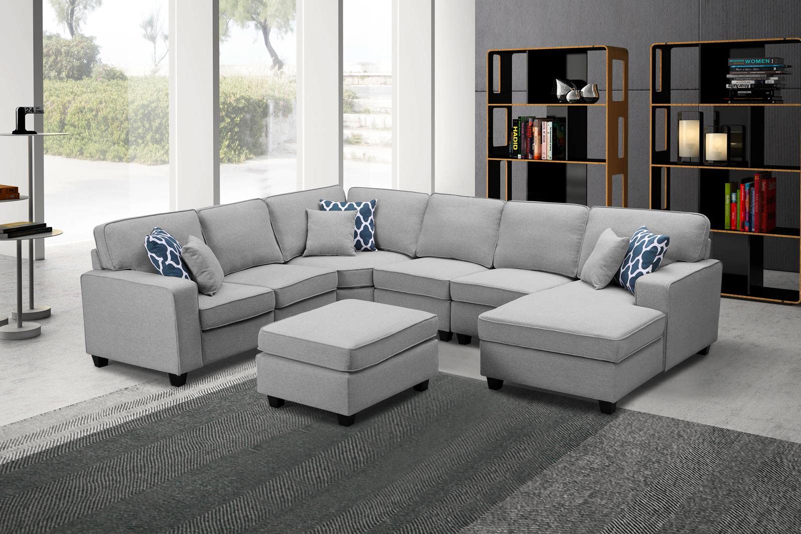 Lilola Home Willowleaf Light Gray Linen 7Pc Modular L-Shape Sectional Sofa Chaise and Ottoman