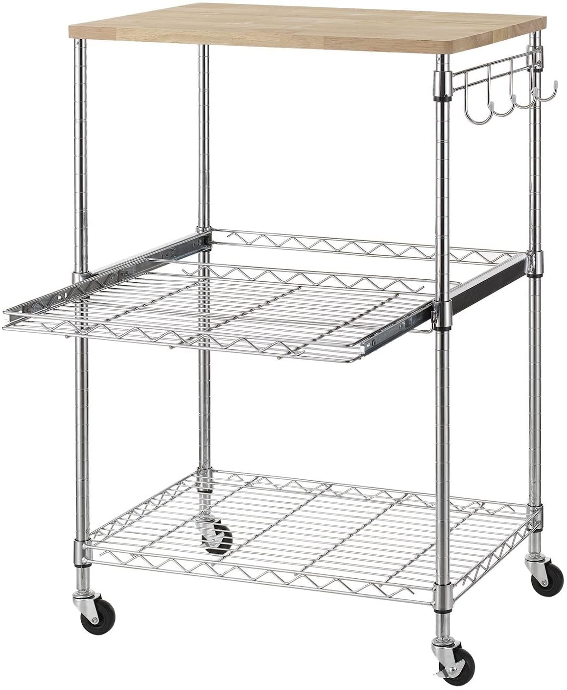 Finnhomy 3-Tier Rolling Kitchen Cart, Microwave Cart with Oak Wood Tabletop and Drawer Slider, Coffee Cart & Food Service Cart w