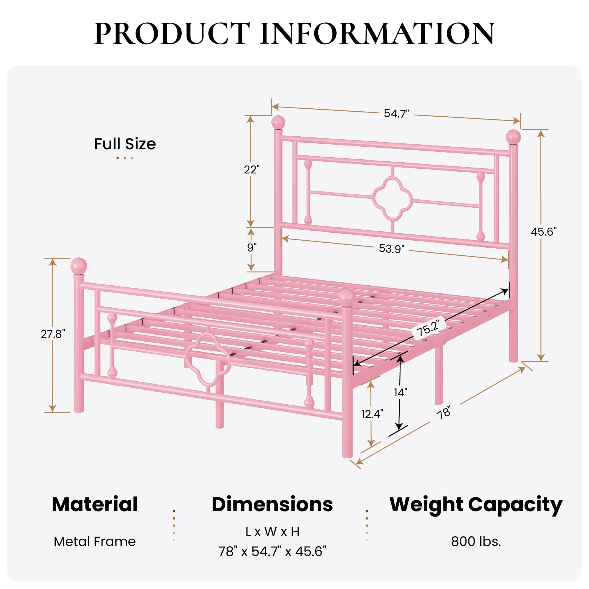 Sha Cerlin 14 Inches Full Size Metal Platform Bed Frame/Vintage Iron-Art Headboard And Footboard/Mattress Foundation For Storage/No Box Spring Needed/Noise-Free/Easy Assembly/Pink