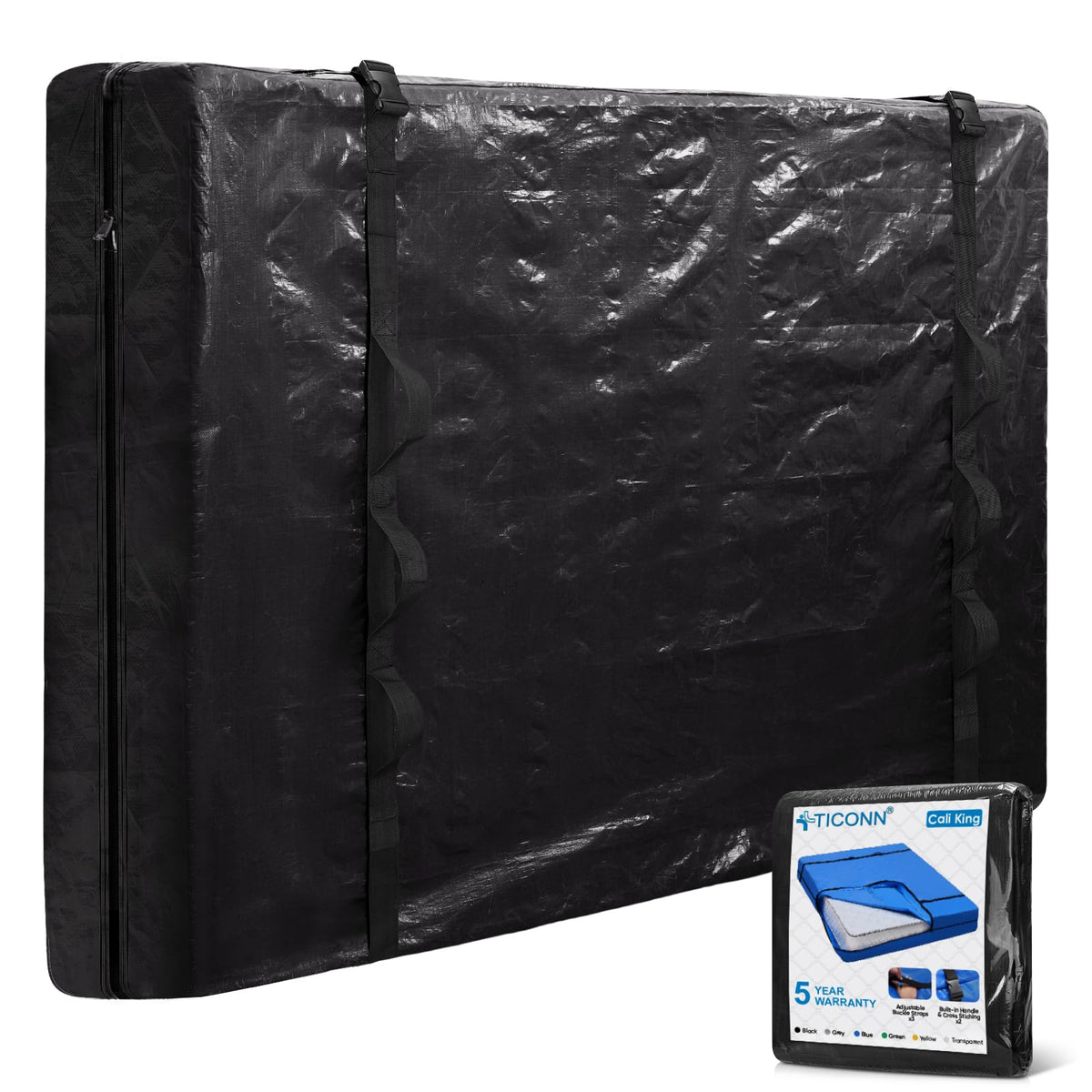Ticonn Mattress Bags For Moving, Cali King Mattress Cover For Moving, Heavy Duty, Full-Around Handle With Adjustable Buckles, Mattress Storage Bag & Moving Supplies (Black, Cali King)