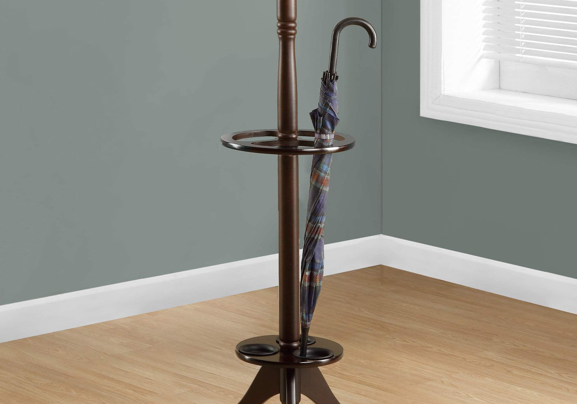 Monarch Specialties 2005, Hall Tree, Free Standing, 6 Hooks, Entryway, Umbrella Holder, Bedroom, Wood, Brown, Contemporary, Modern Coat Rack, 17' L x 17' W x 71' H, Cappuccino