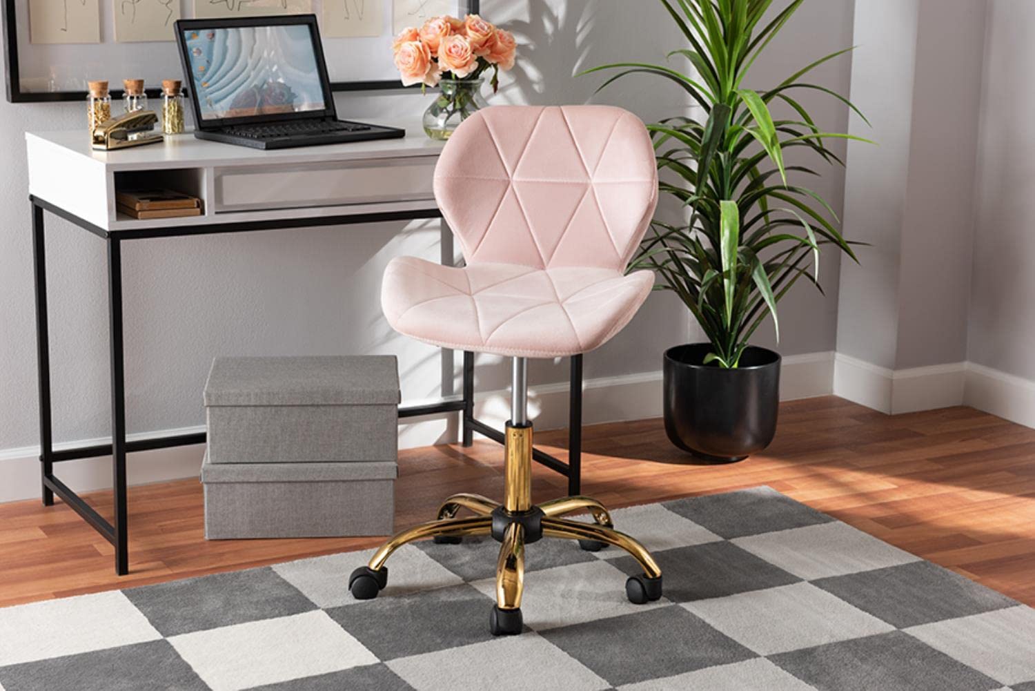 Baxton Studio Savara Pink Velvet Fabric And Gold Metal Swivel Office Chair