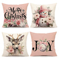 4Th Emotion Pink Christmas Pillow Covers 16X16 Set Of 4 Farmhouse Xmas Decorations Snowman Deer Joy Floral Merry Winter Holiday