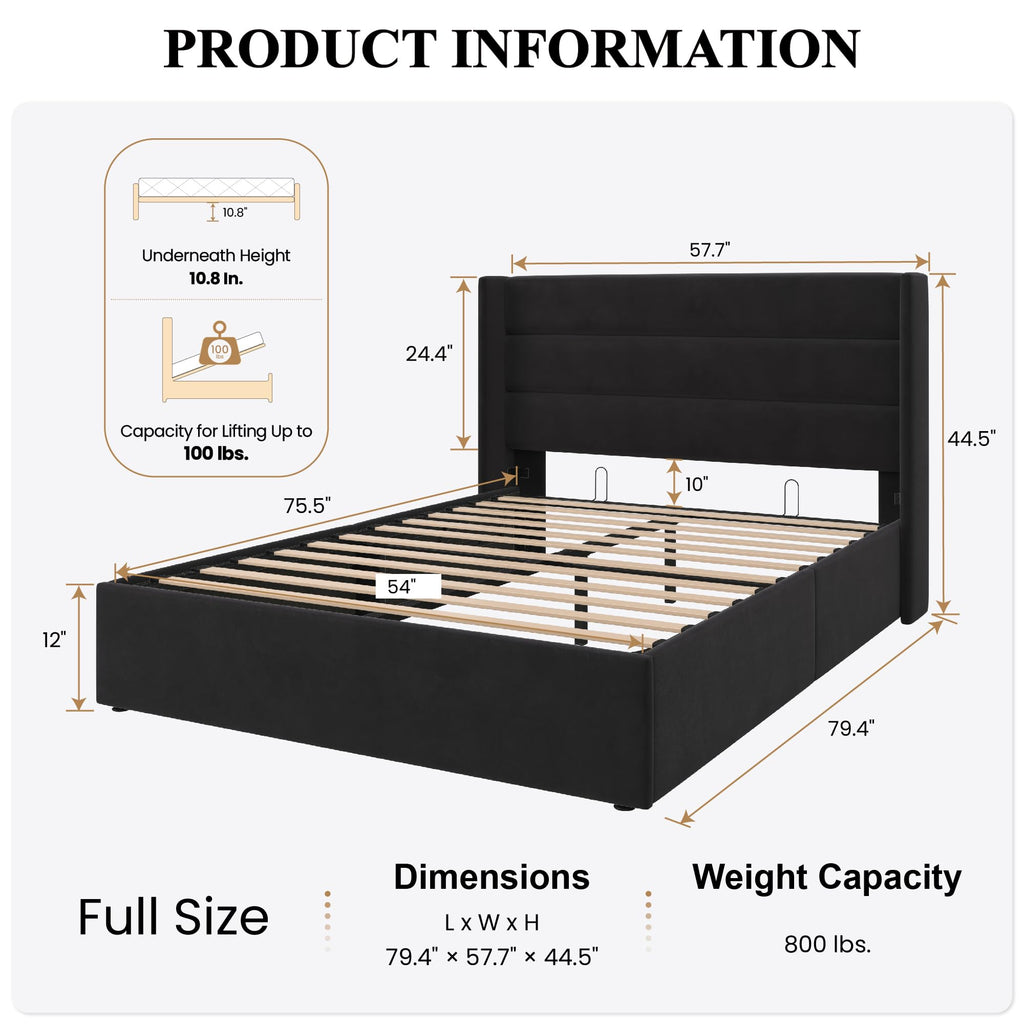 Sha Cerlin Full Size Lift Up Storage Bed/Velvet Upholstered/Modern Wingback Headboard/Upholstered Platform Bed Frame/Hydraulic Storage/No Box Spring Needed/Black