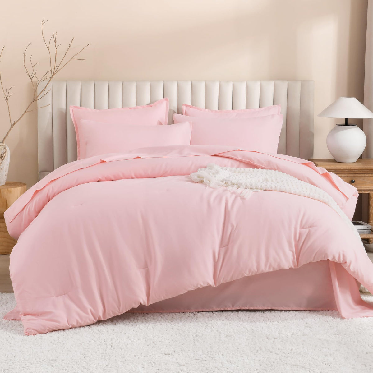 Litanika Twin/Twin Xl Size Comforter Sets Pink - 5 Pieces Bed In A Bag Twin/Twin Xl Beddding Comforter Sets, Solid Lightweight B