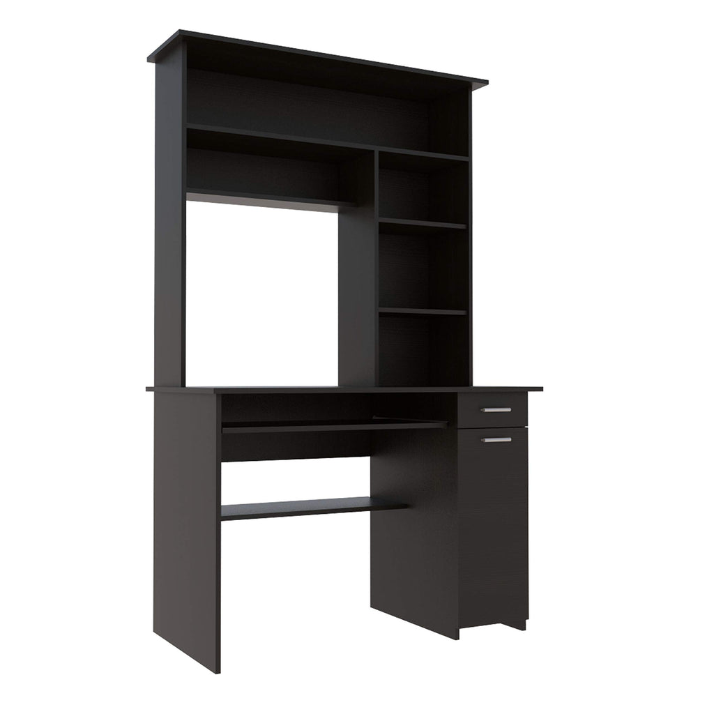 Xalo 180 Compu Hutch Desk, Keyboard Tray, Door Panel for CPU, Multiple Shelves, 1 Drawer, Black