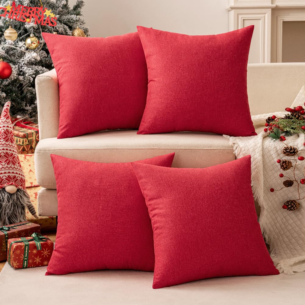 Miulee Pack Of 4 Decorative Outdoor Throw Pillow Covers Linen Waterproof Pillow Covers Farmhouse Cushion Cases For Patio Garden Tent Balcony Couch Sofa18X18 Inch Red