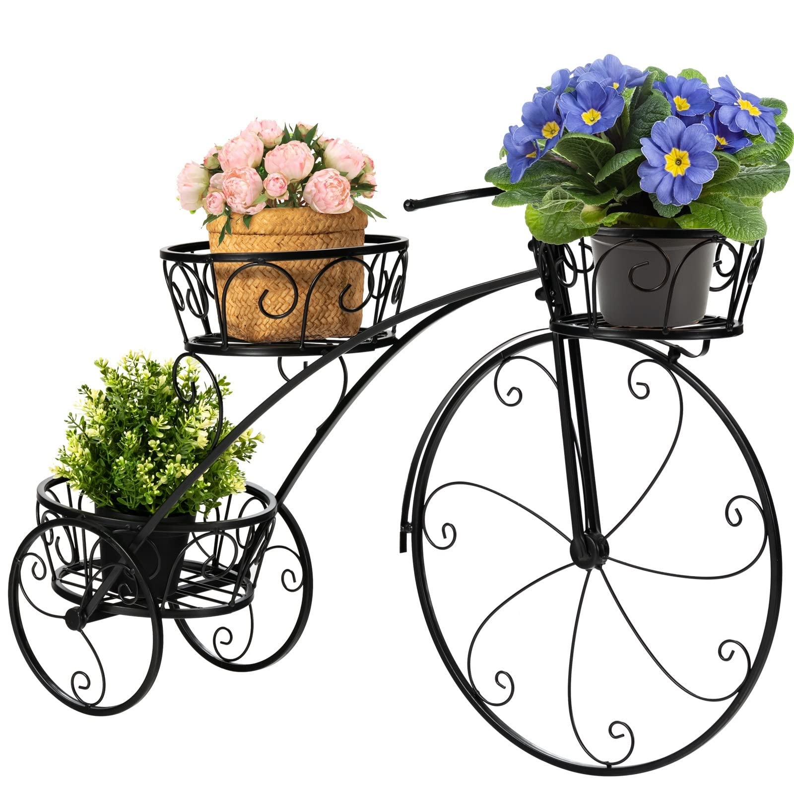 Giantex Metal Bicycle Planter, 3 Tier Tricycle Flower Plant Stand W/ 3 Decorative Wheels, Parisian Style Flower Display Stand Ca
