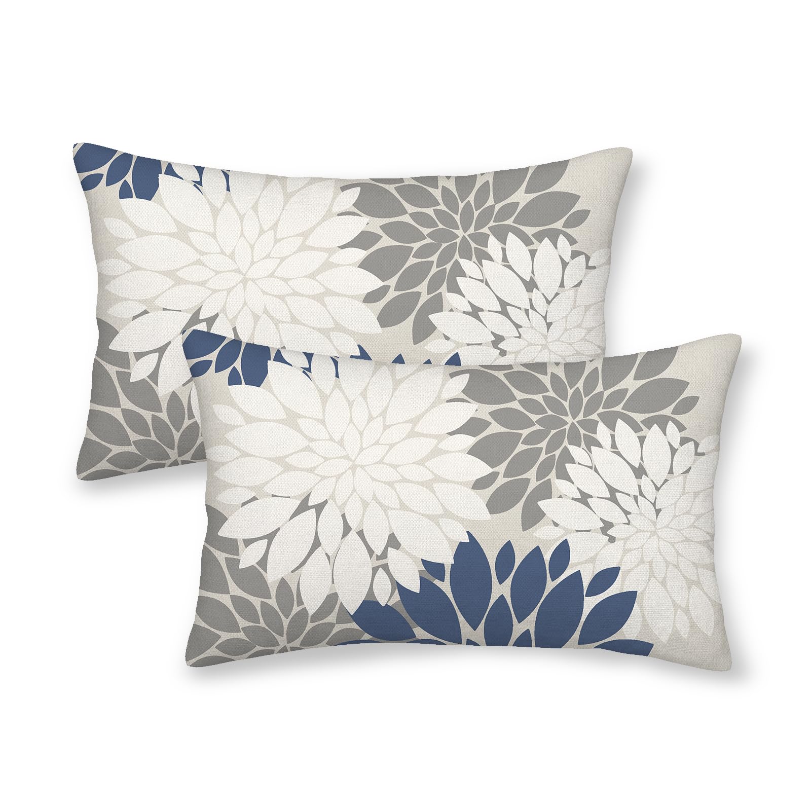 CXMEIFLY Navy Blue White Grey Pillow Covers 12x20 Inch Set of 2 Dahlia Floral Decor Throw Pillows Summer Modern Geometry Flower 