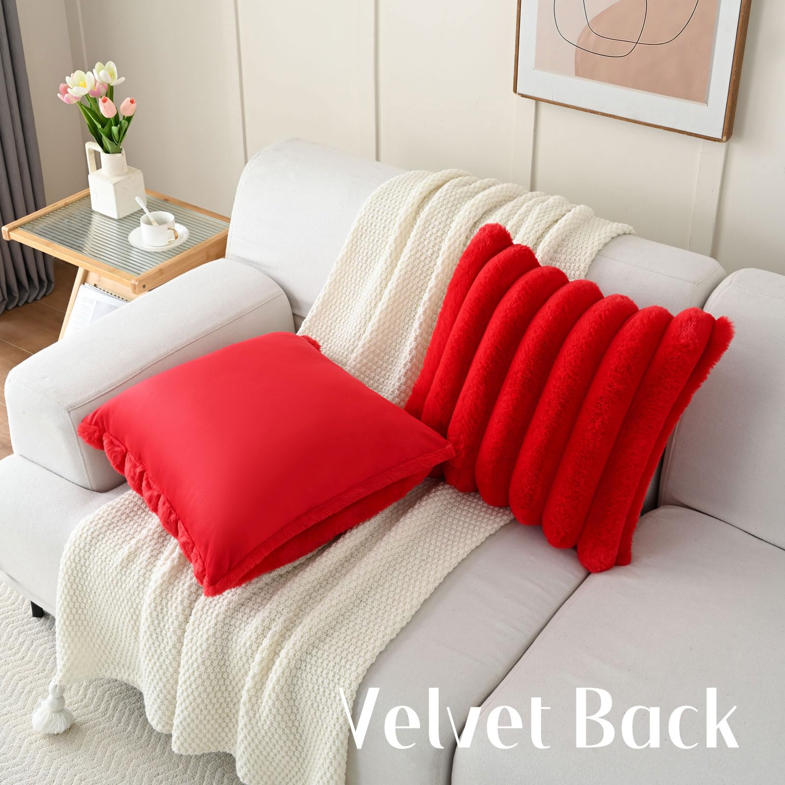 Futei Red Decorative Throw Pillow Covers 16X16 Inch Set Of 2, Square Soft Faux Rabbit Fur Big Striped Cushion Cover,Home Decor F