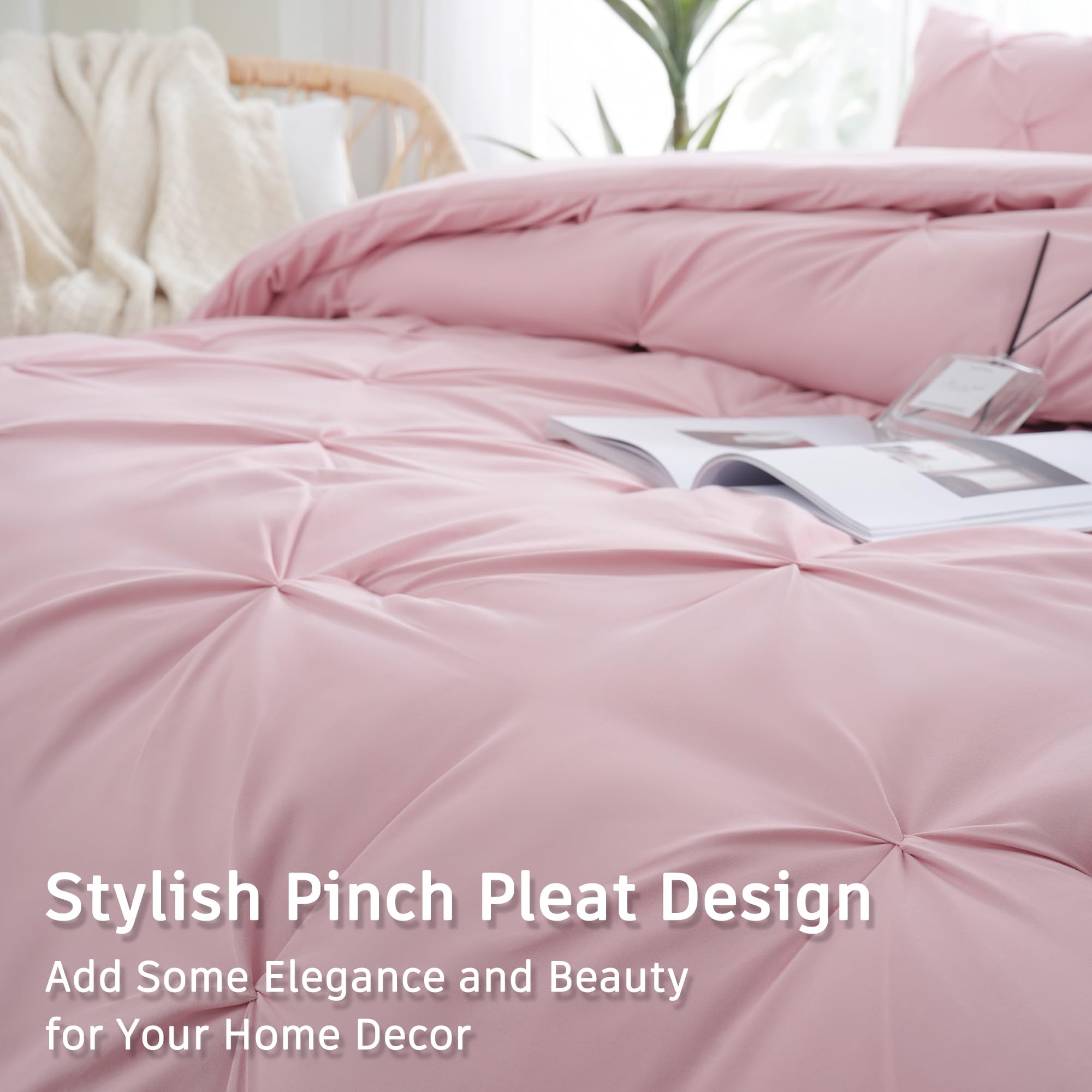 Downcool King Size Comforter Set - 3 Pieces Cute Pintuck Bedding Comforter Sets, Soft Fluffy Pink Comforter King Size, All Seaso