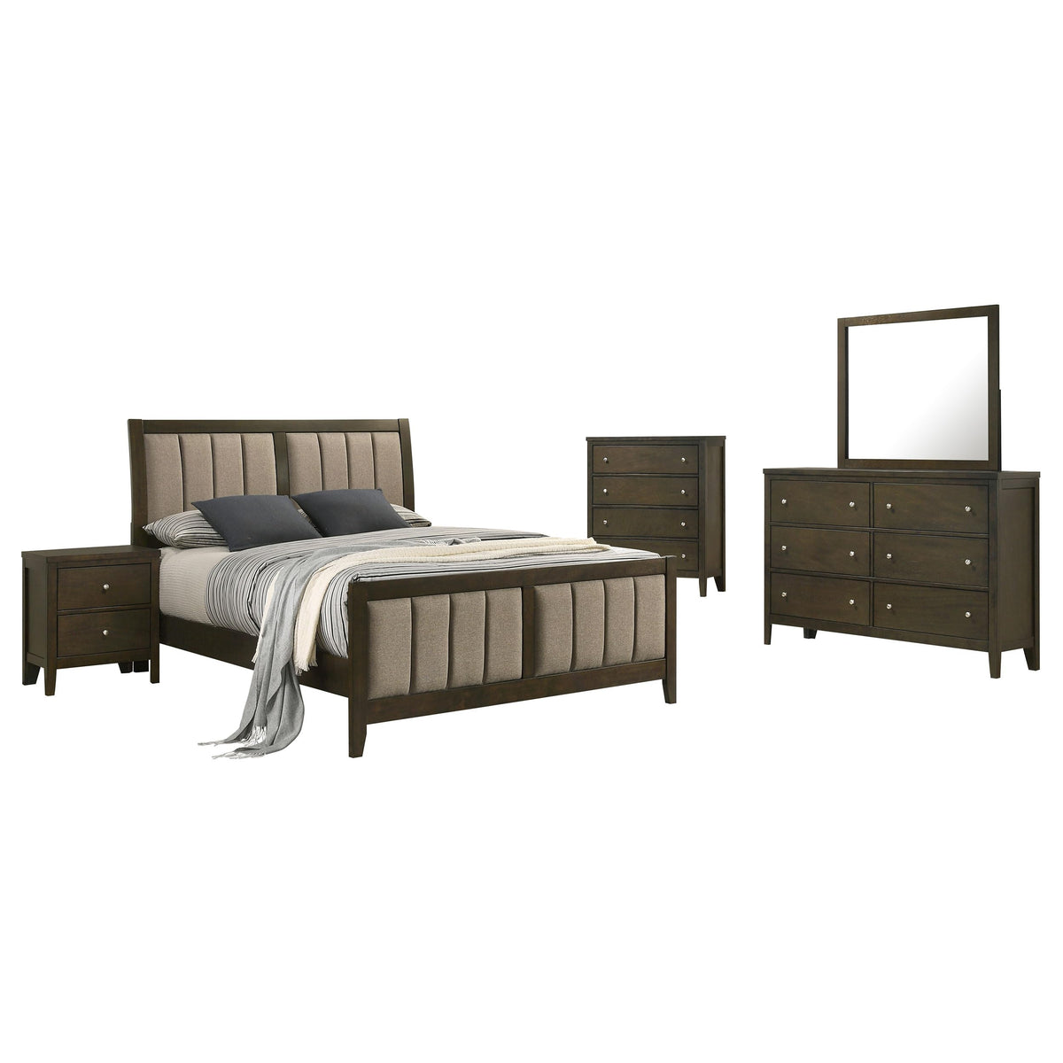 Coaster Home Furnishings Wilkes Transitional 5-Piece Bedroom Set Fabric Upholstered Queen Size Panel Bed Frame 51-inch Headboard Dark Cocoa 224421Q-S5