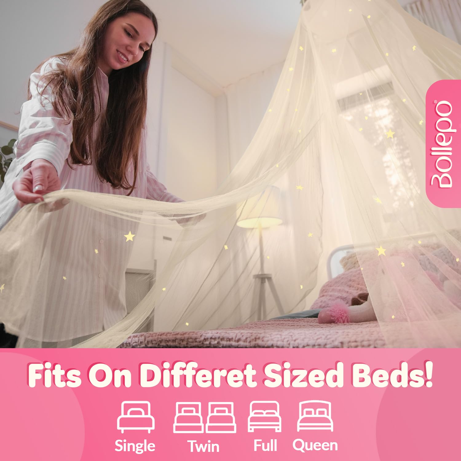 Bollepo Yellow Bed Canopy For Girls With Glowing Stars - Princess Yellow Baby Canopy For Bed, Netting Room Decor, Ceiling Tent,