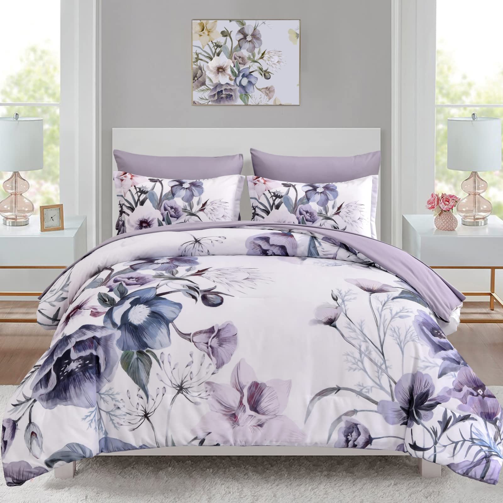 Luxudecor Floral Comforter Set King Size 7 Piece, Purple Flower Bed In A Bag, Elegant Floral Comforter With Sheet Set, Soft Micr