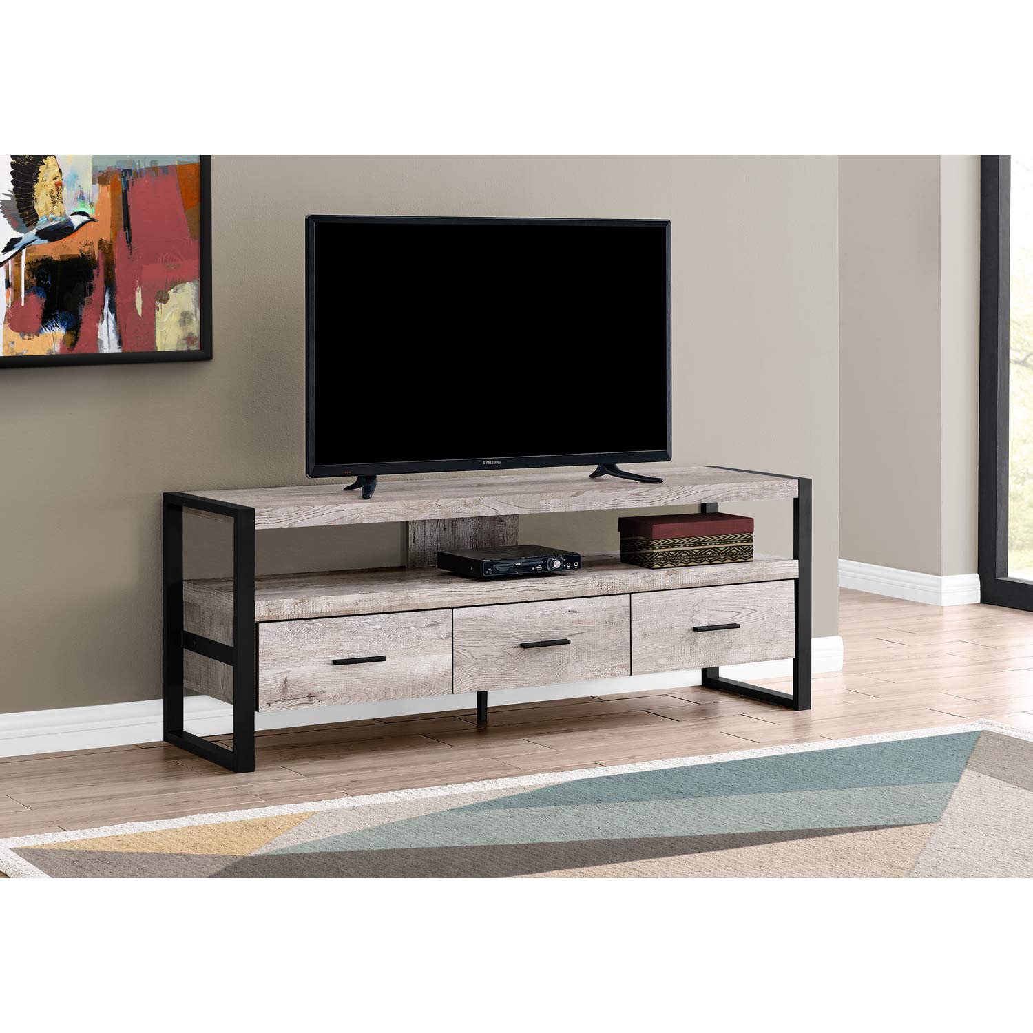 Monarch Specialties TV Stand-Console with 3 Drawers and Shelves-Industrial Modern Style Entertainment Center with Metal Legs, 60' L, Taupe Reclaimed Wood Look
