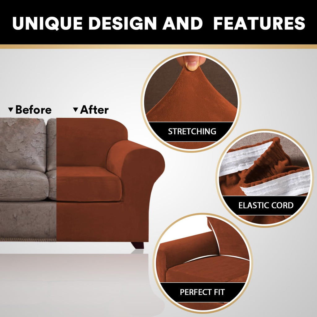 Princedeco 4 Pieces Couch Covers Velvet Couch Covers For 3 Cushion Sofa Soft Furniture Protector With Non Slip Elastic Bottom Washable Couch Covers Width Up To 90 Inch (Large, Rust)