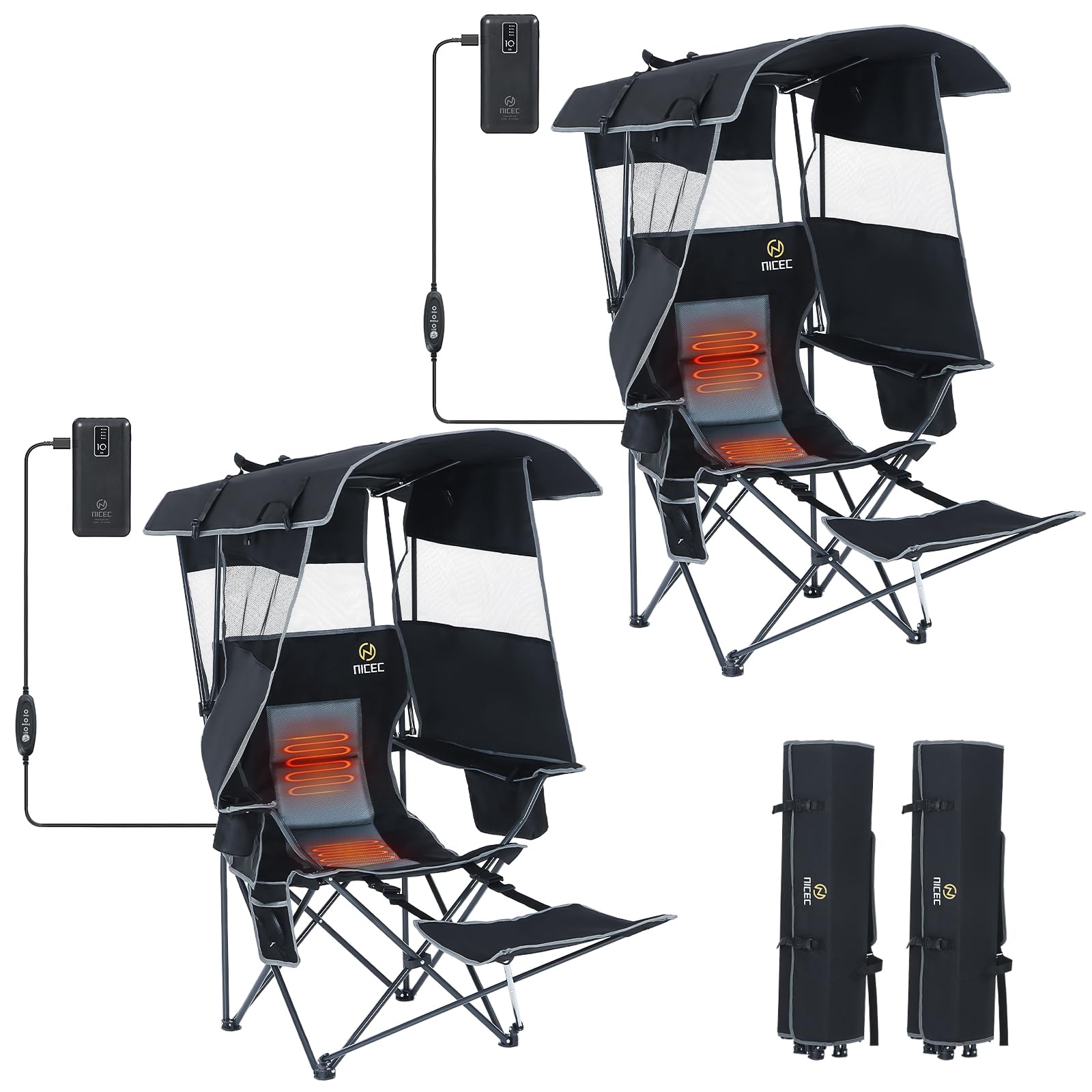Nice C Chair with Canopy, Heated Camping Chair with Battery, Outdoor Sports Chairs with Shade, Heated Folding Umbrella Lawn Chai