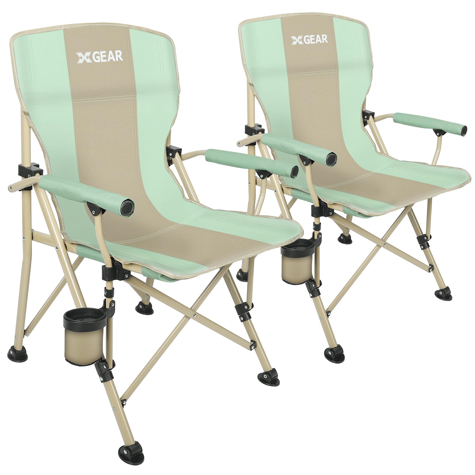 XGEAR 2pcs Camping Chair with Padded Hard Armrest, Sturdy Folding Camp Chair with Cup Holder, Lawn Chair Back W Mesh Storage Bag