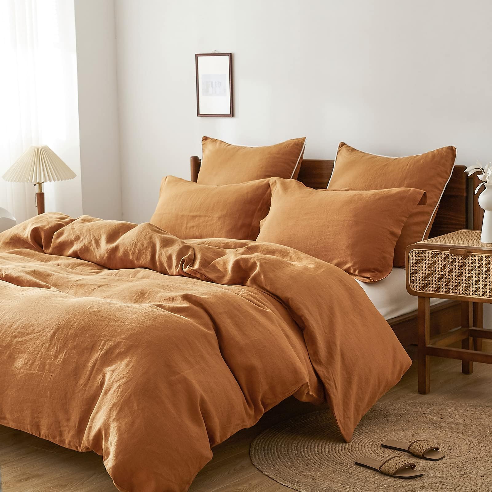 Simple&Opulence 100% Linen Duvet Cover Set, 3 PCS Pure Natural French Flax Rust Duvet Cover King Size, Breathable Soft Comfy Lin