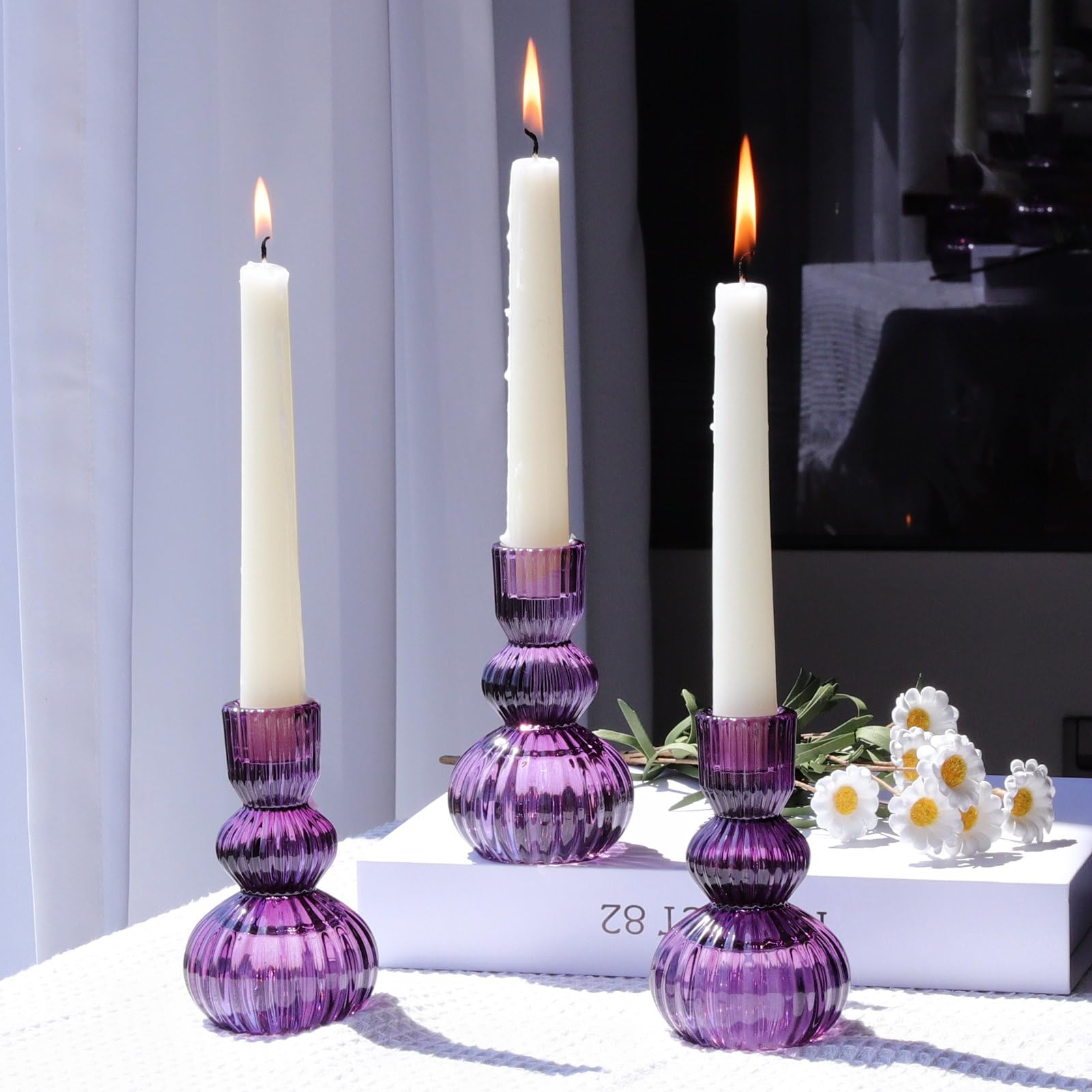Woho Purple Candlestick Holders Set of 3 for Halloween Decorations, 4.3 H Ribbed Glass Taper Candle Holders Bulk for Wedding Tab
