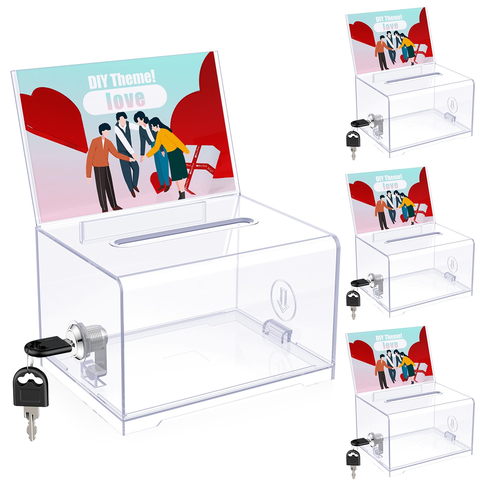 Uniclife 4 Pack Clear Acrylic Donation Box With Lock And Sign Holder Clear Ballot Box With Slot Plastic Suggestion Box Storage C