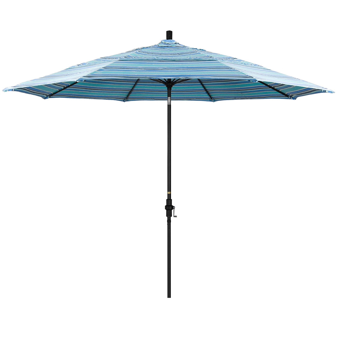 California Umbrella 11' Round Aluminum Pole Fiberglass Rib Patio Umbrella, Crank Lift, Collar Tilt, Black Pole, Sunbrella Dolce