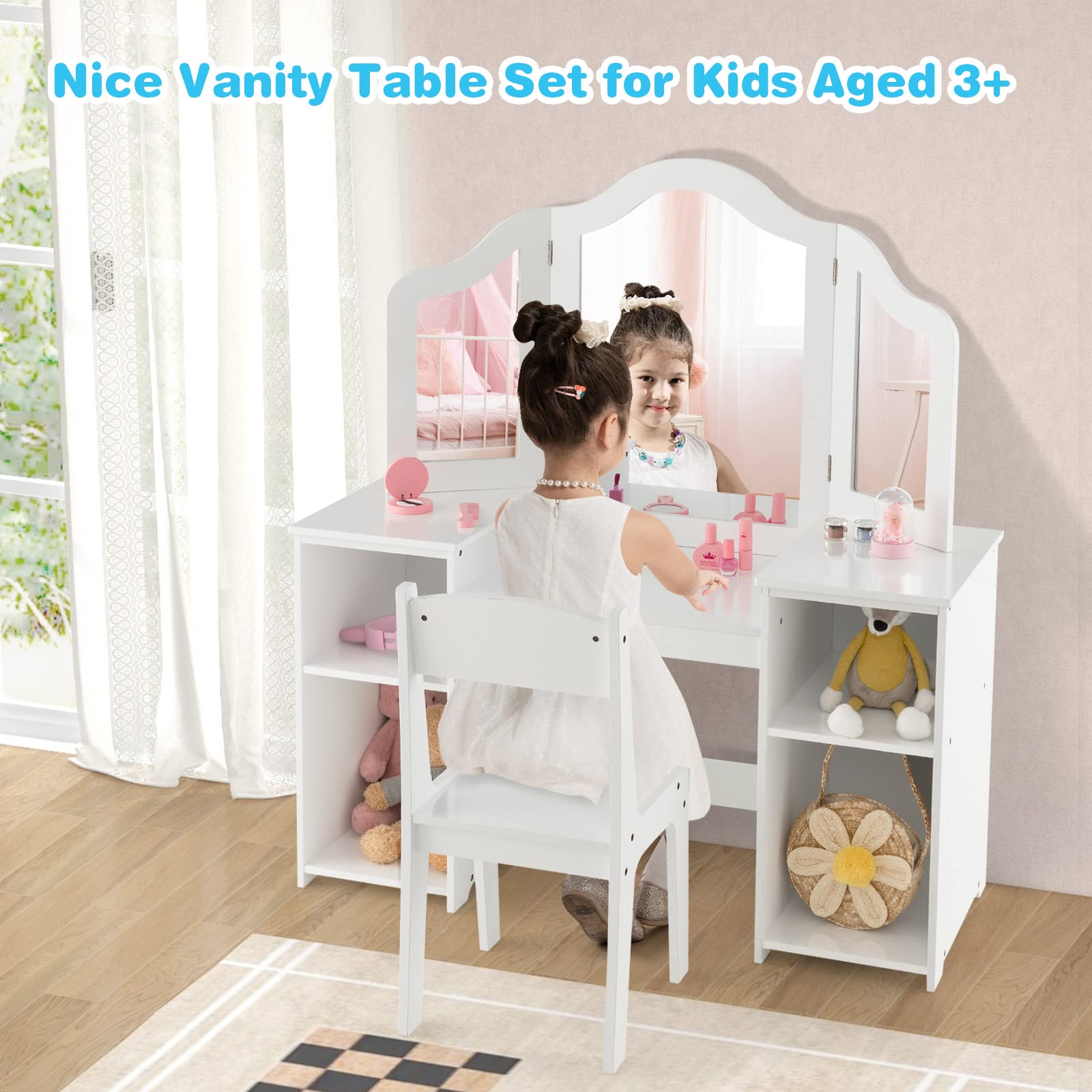 Honey Joy Kids Vanity, Little Girls Vanity Set With With Mirror And Stool, Storage Shelves, Wooden Princess Makeup Dressing Table, Toddler Vanity, Pretend Play Kids Vanity Table And Chair Set (White)
