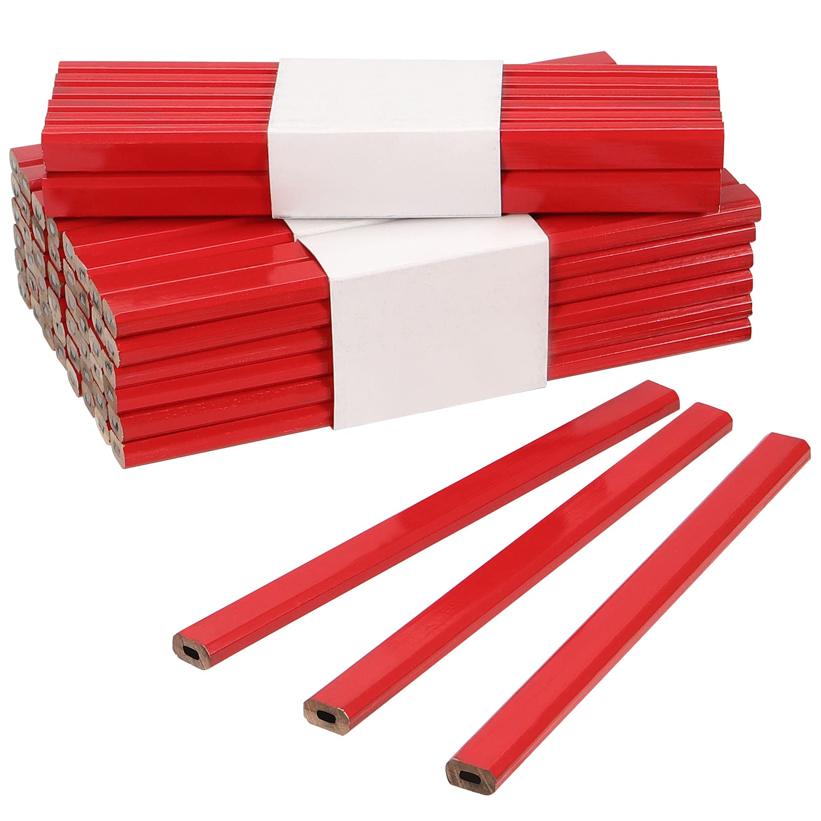 Sinjeun 144 Pieces 7 Inch Red Carpenter Pencils, Octagonal Flat Wooden Pencil, Professional Medium Hard Graphite Hard Carpenter