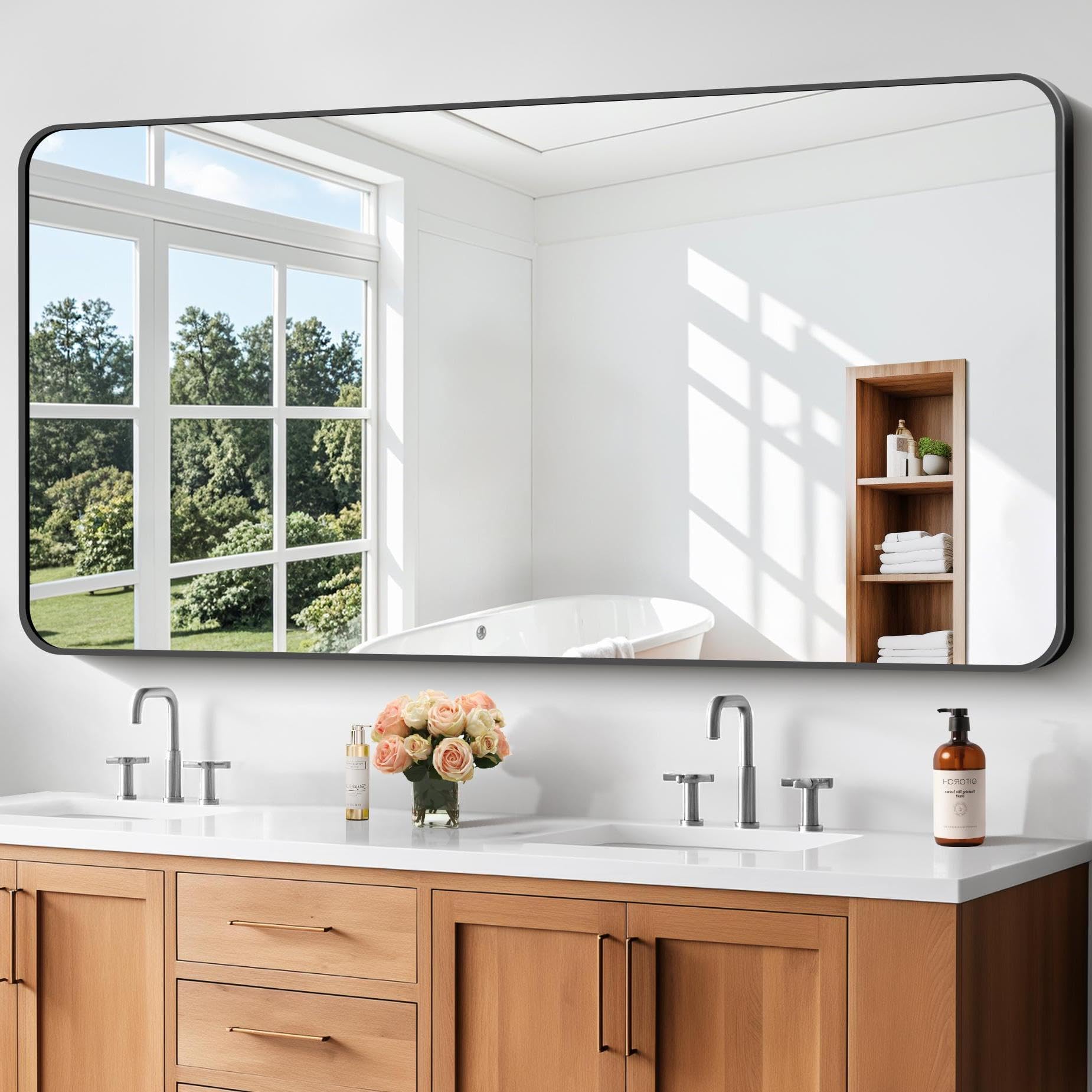 CIVENO 30x60 Bathroom Mirror, Large Rectangular Wall Mirror, Metal Frame Black Rectangle Mirror for Bathroom, Rounded Corner Van