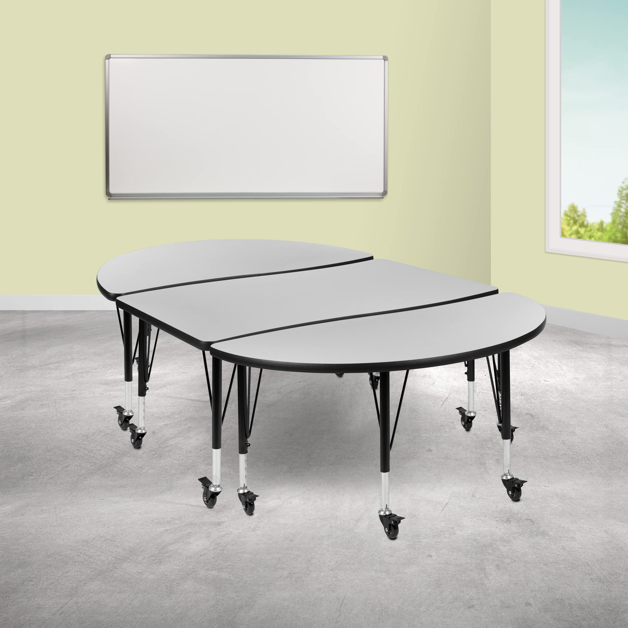 Flash Furniture 3 Piece Mobile 76' Oval Wave Collaborative Grey Thermal Laminate Activity Table Set - Height Adjustable Short Legs