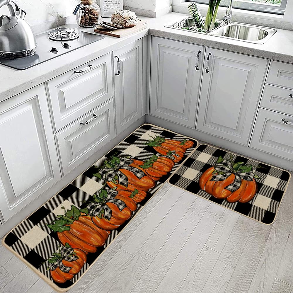 Geeory Fall Kitchen Mats Set Of 2, Buffalo Plaid Pumpkins Bowknot Floor Mat Farmhouse Seasonal Holiday Thanksgiving Decorations