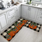 Geeory Fall Kitchen Mats Set Of 2, Buffalo Plaid Pumpkins Bowknot Floor Mat Farmhouse Seasonal Holiday Thanksgiving Decorations