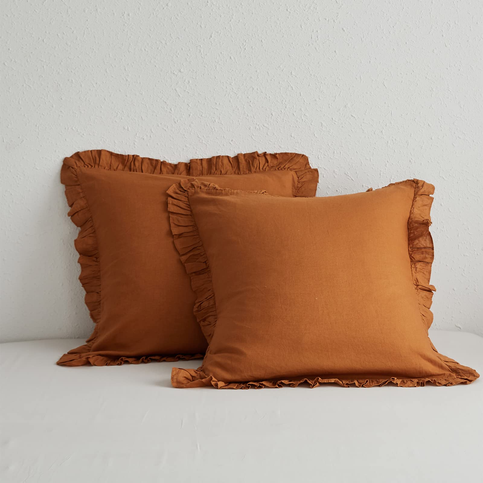 Simple&Opulence 100% Linen Stone Washed Euro Sham With Ruffle 26X26 Inch Pillow Cover Set Of 2, Home Decoration Pillow Soft And