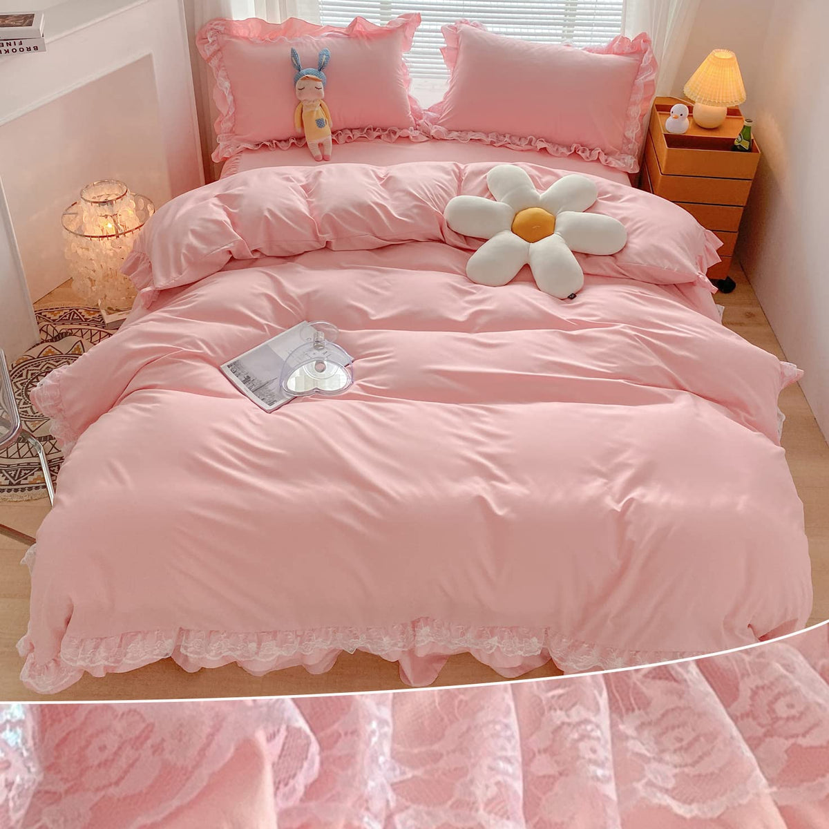 MOOWOO Chic Ruffle Lace Polyester Duvet Cover Set -Girl Pink Bedding-3 Piece Queen Duvet Cover with Zipper Closure -Ultra Soft a