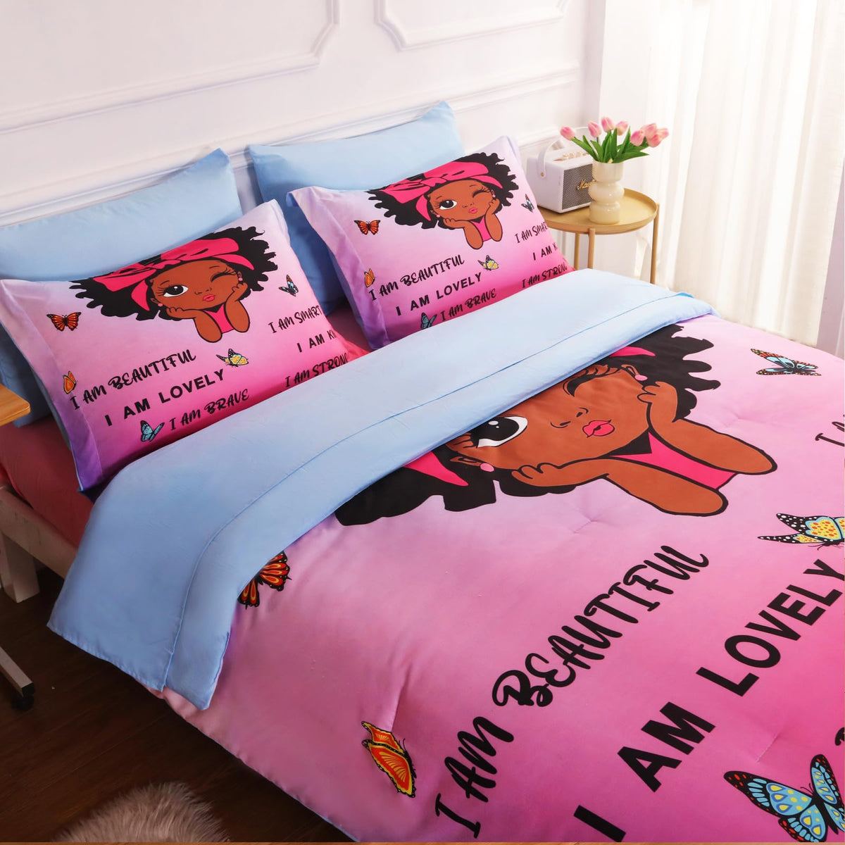 Gusuhome 7 Piece Black Girls Magic Comforter Set Twin Size African American Girl Bedding Sets Bed In A Bag For Kids Teens Inspir