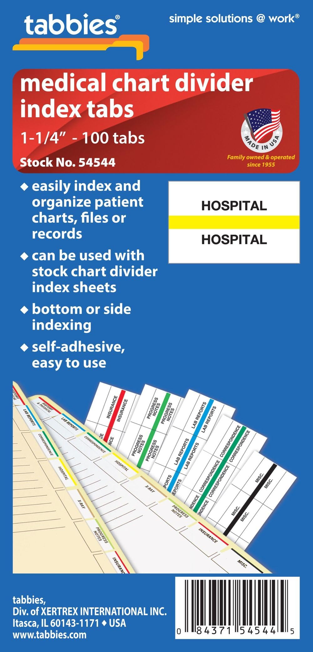 Tabbies Medical Chart Index Tabs 'Hospital' 1-1/4'W X 1/2'H, Yellow, 100 Tabs/Pack