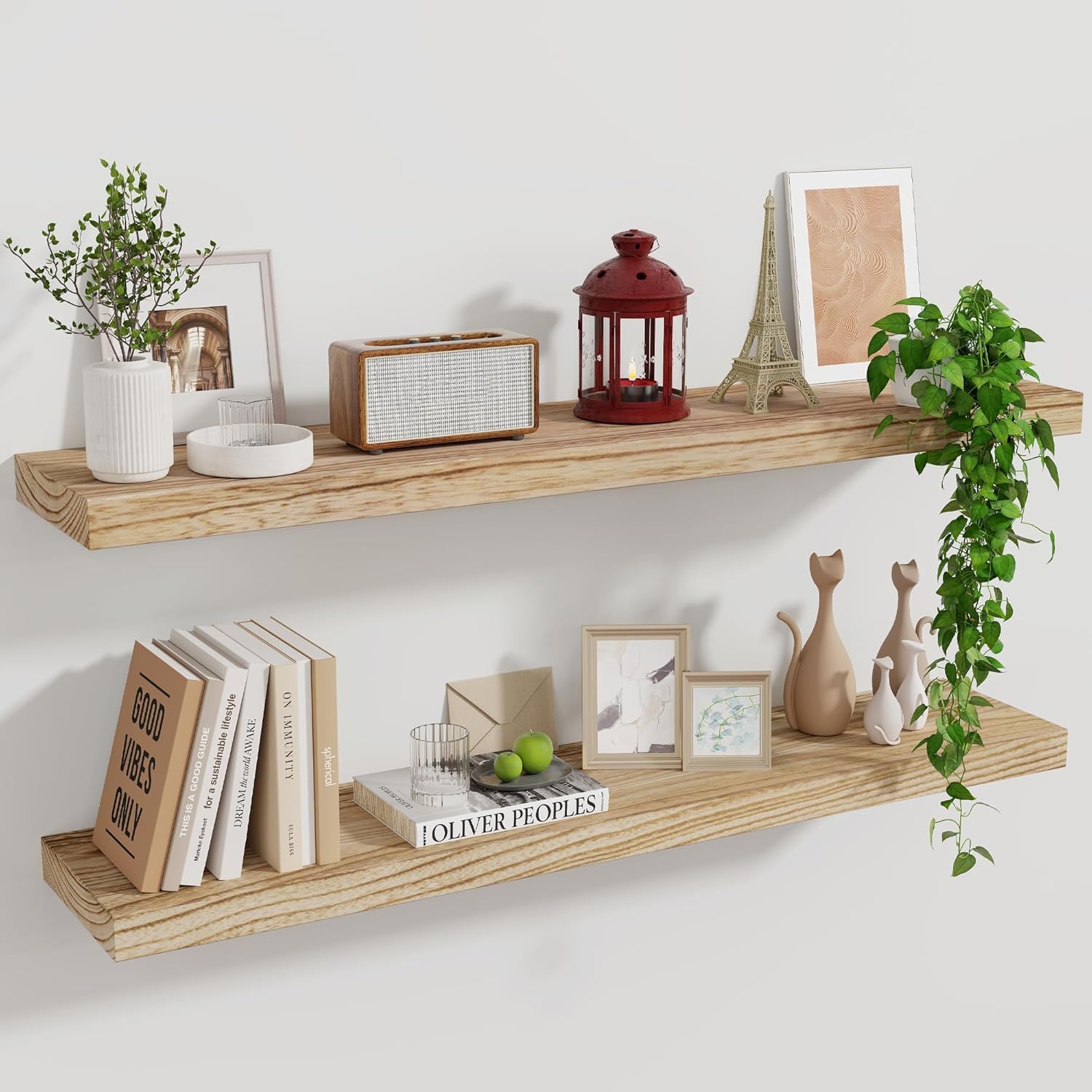 Wood Floating Shelves for Wall Set of 2, 36 Inch Wide Rustic Wooden Floating Shelves, Invisible Wall Mounted Display for Living 
