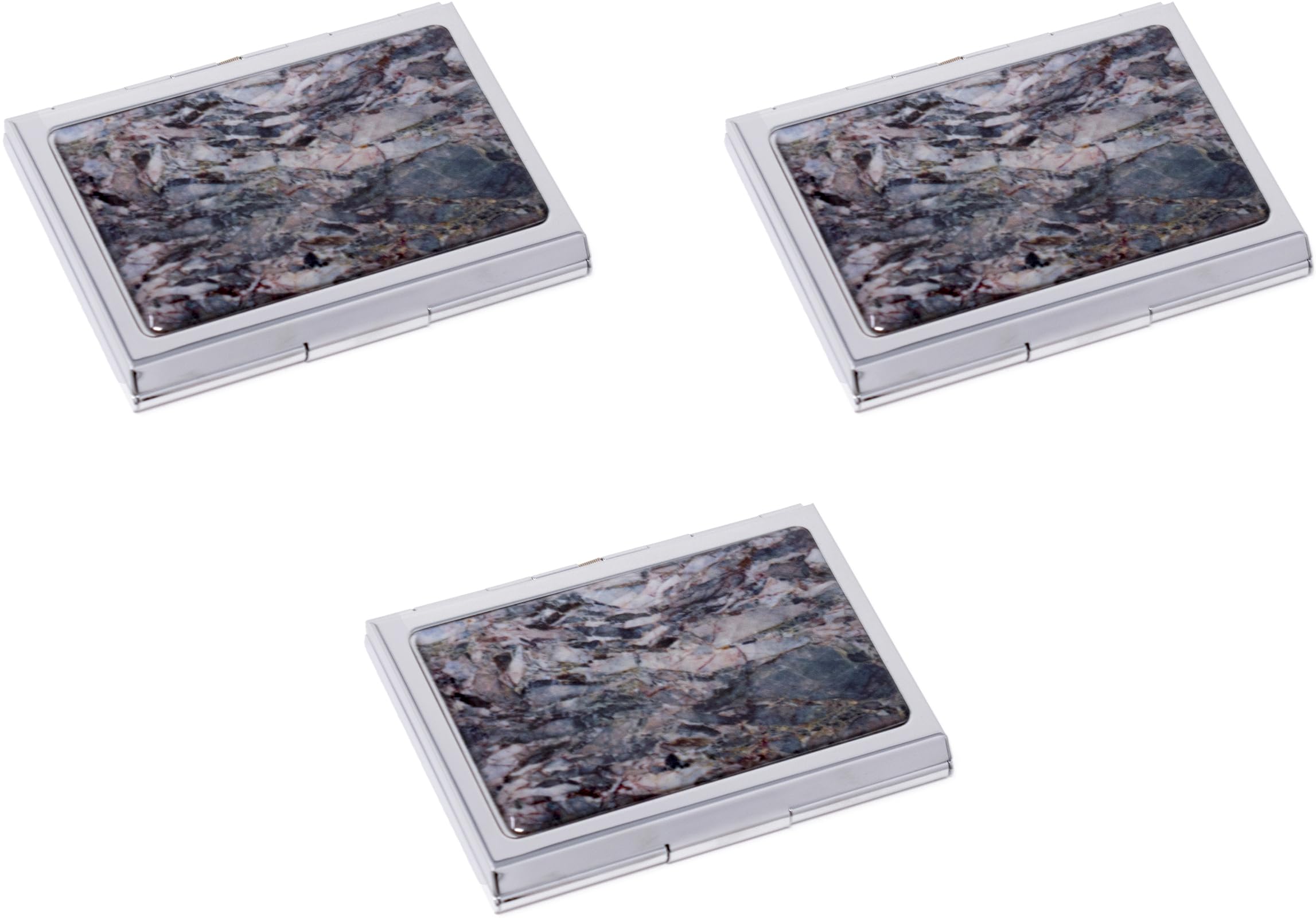 Stephanie Imports Set Of 3 Slim & Minimalist Metal Dual Slot Business Card Holder Unisex Case With Printed Insert (Gray Marble)